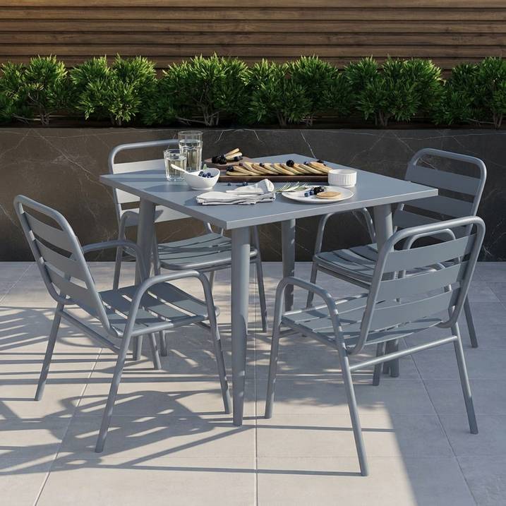 Modern 4 Seater Grey Aluminium Square Garden Dining Set – Contemporary Outdoor Patio Furniture
