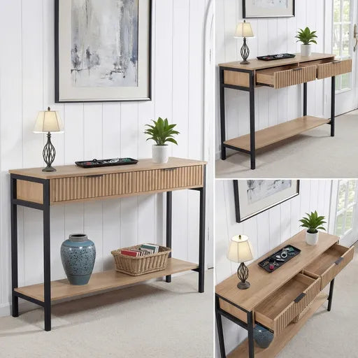 Miami 2 Drawer Console Table – Oak Effect & Black Hallway Console Table with Storage