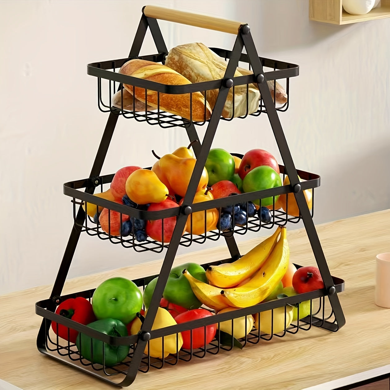 [2/3 Tier Metal Basket] 2/3 Tier High-Capacity Metal Fruit Basket | Portable Countertop Organizer for Fruits, Vegetables, Bread & Snacks | Detachable Rectangle Design for Kitchen Storage
