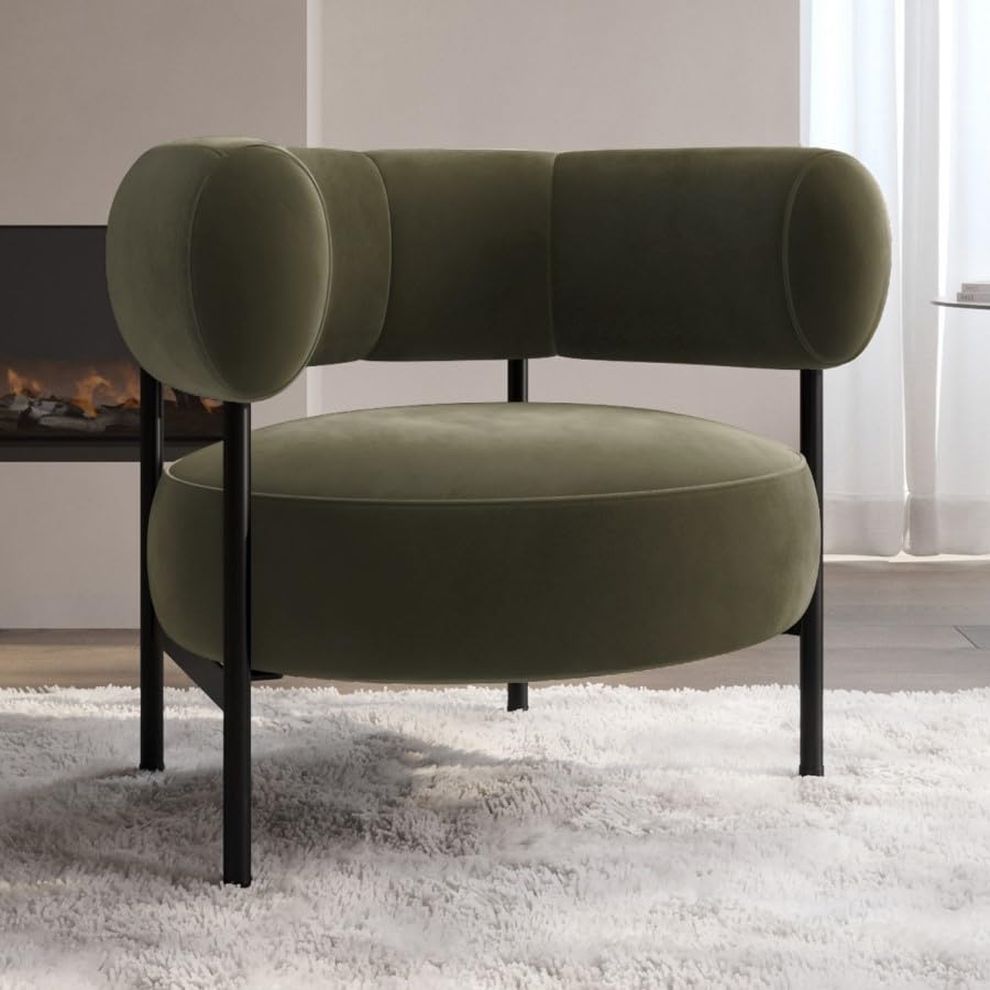 Romy Velvet Curved Armchair with Metal Legs – Recycled Velvet Lounge Accent Chair – Modern Upholstered Tub Chair – Living Room Seating
