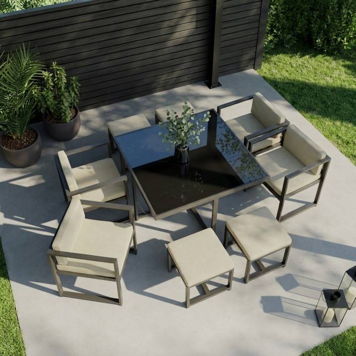 Luxury 8 Seater Grey Metal Cube Garden Dining Set with Cream Chairs – Modern Outdoor Patio Furniture