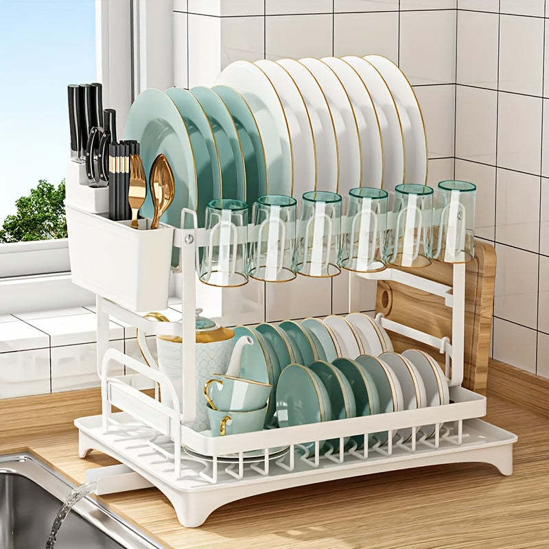 1pc Large Capacity 2-Tier Dish Drying Rack with Drainboard, Double-Layer Bowl & Cup Rack, Detachable Over The Sink Organizer for Kitchen Counter, Black & White - Ideal for Plates, Bowls, Cups & Cutlery Storage, Dish Drying Ra