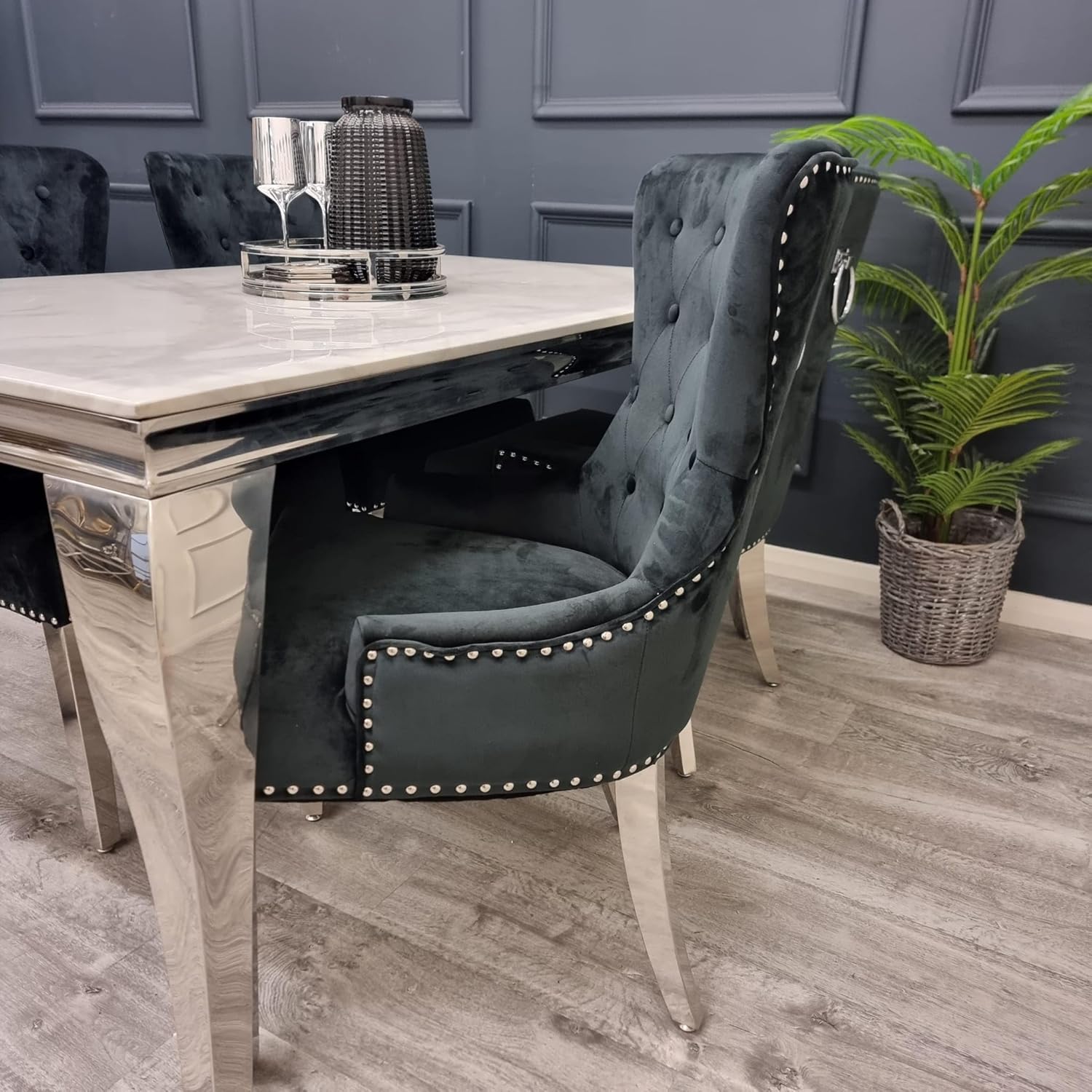 Megan Velvet Dining Chairs Set of 2 – Deep Buttoned Back with Chrome Ring Knocker – Upholstered Dining Room Chairs