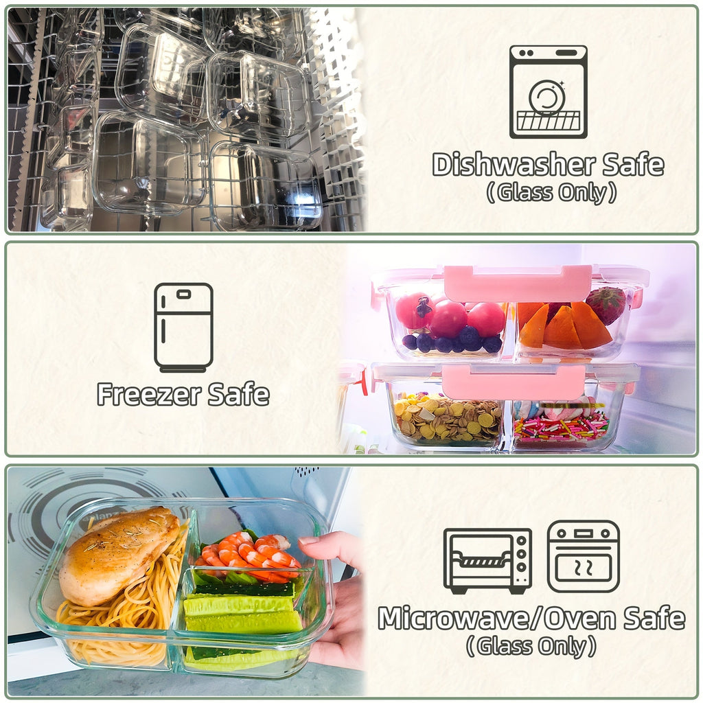 5-Piece Glass Food Storage Set with Airtight Leakproof Lids - BPA-Free, 3-Compartment, 34oz Capacity - Ideal for Meal Prep, Meat, Fruits & Vegetables - Kitchen Organization Essential