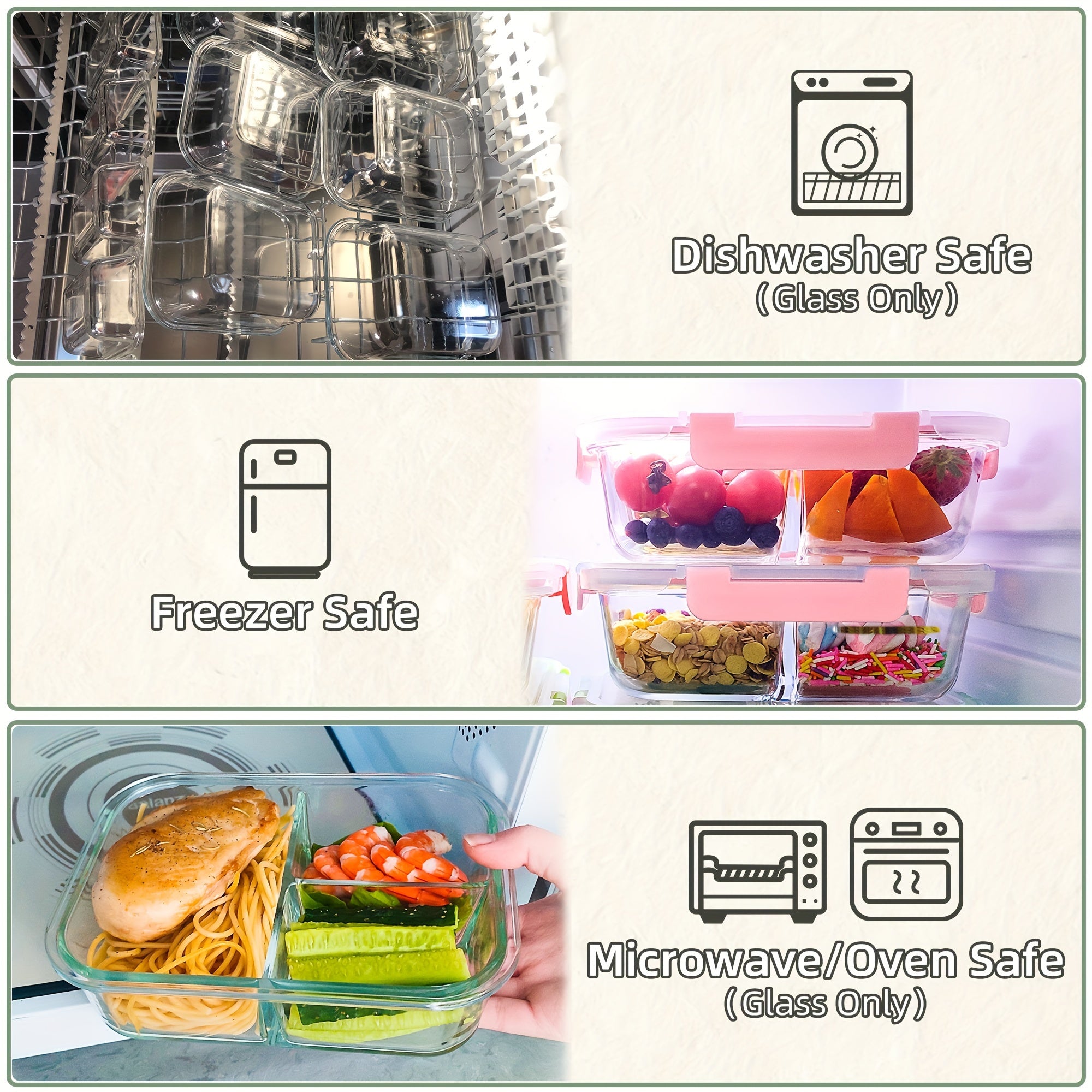 5-Piece Glass Food Storage Set with Airtight Leakproof Lids - BPA-Free, 3-Compartment, 34oz Capacity - Ideal for Meal Prep, Meat, Fruits & Vegetables - Kitchen Organization Essential