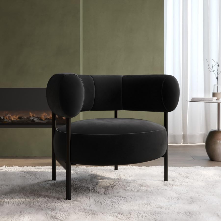 Romy Velvet Curved Armchair with Metal Legs – Recycled Velvet Lounge Accent Chair – Modern Upholstered Tub Chair – Living Room Seating