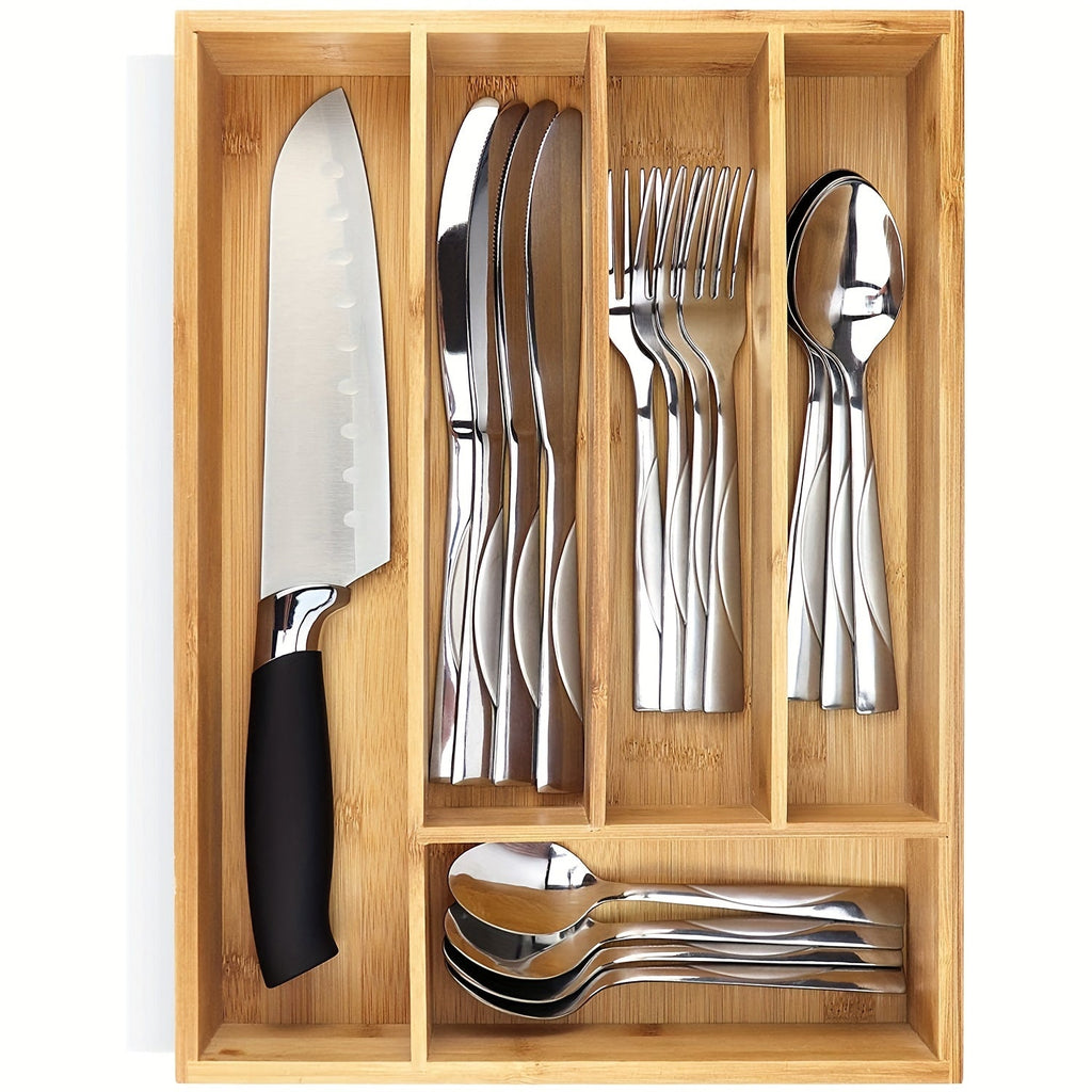 1pc Adjustable Bamboo Drawer Organizer For Utensils And Silverware - Expandable Cutlery Tray For Kitchen, Bedroom, And Living Room - Easy To Clean And Stylish Storage Solution