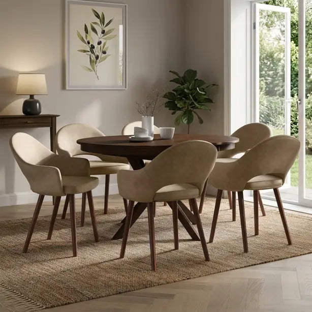 Walnut Extendable Dining Set with 4and 6 Beige Chairs in faux leather