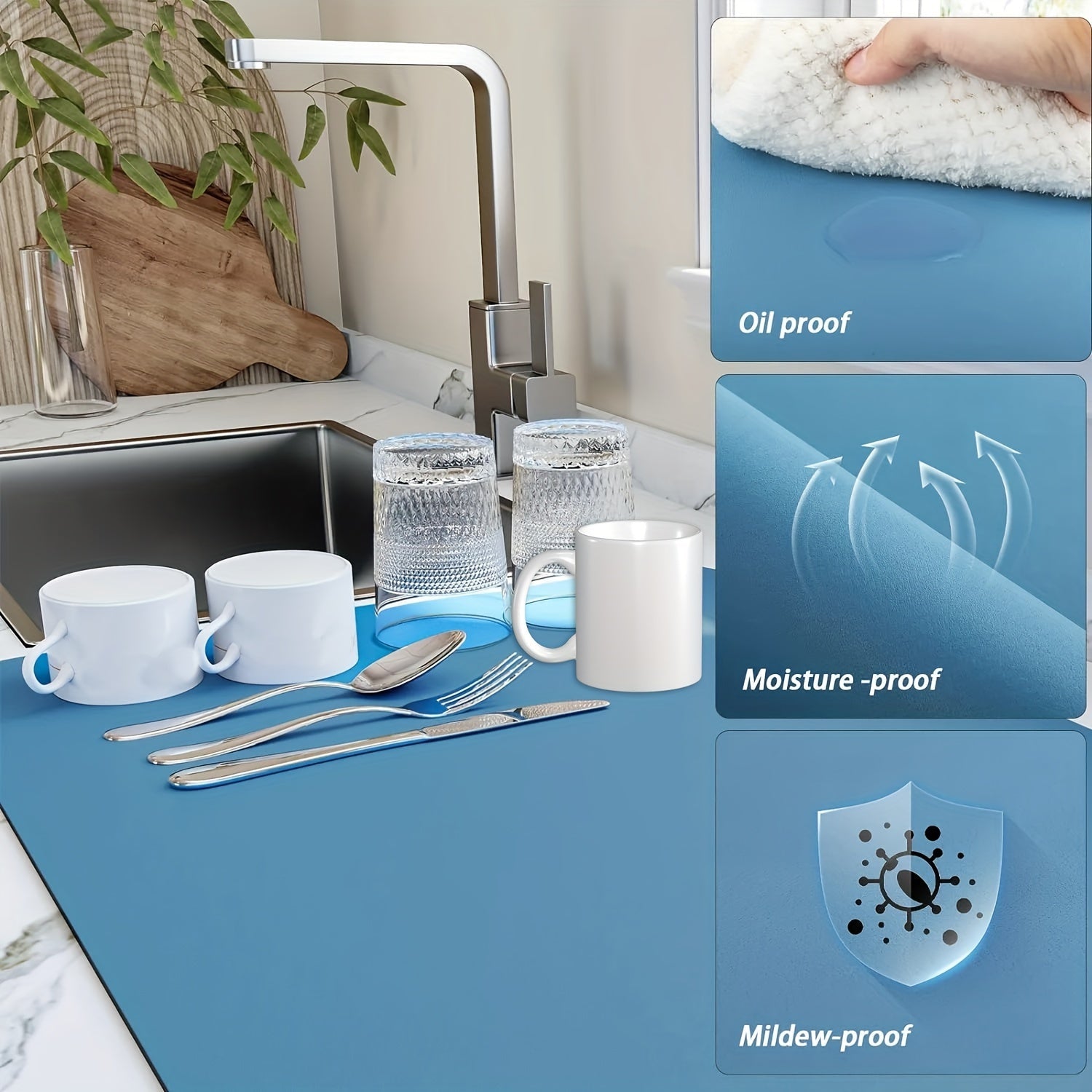 Super Absorbent Dish Drying Mat - 16"x18" Heat Resistant Drainer with Non-Slip Rubber Backed, Hide Stains, Perfect for Kitchen Counters, Restaurants, and Cafes