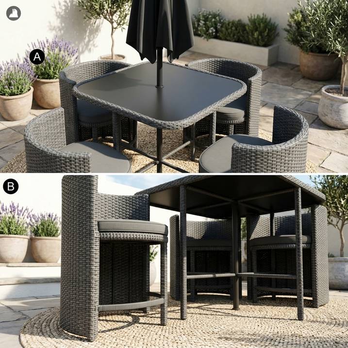 Luxury 4 Seater Grey Rattan Cube Garden Dining Set with Matching Parasol – Space Saving Outdoor Patio Furniture