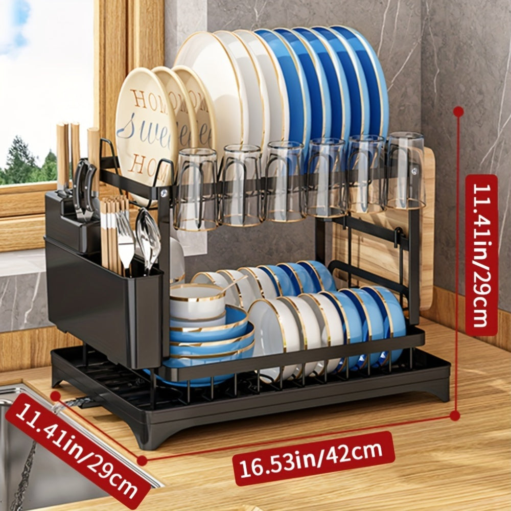 1pc Large Capacity 2-Tier Dish Drying Rack with Drainboard, Double-Layer Bowl & Cup Rack, Detachable Over The Sink Organizer for Kitchen Counter, Black & White - Ideal for Plates, Bowls, Cups & Cutlery Storage, Dish Drying Ra
