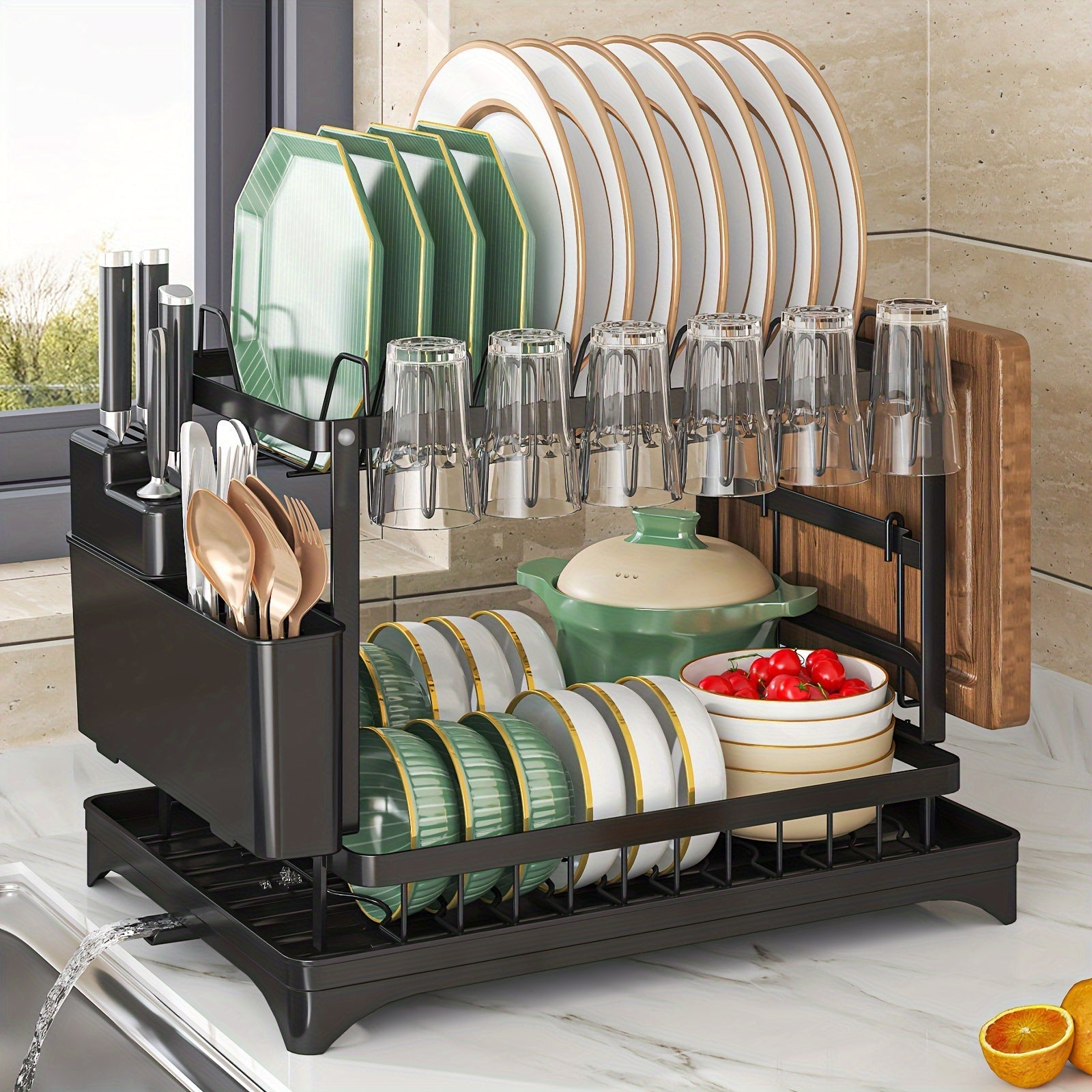 1pc Dish Rack, Double Layers Space-saving Dish Drying Rack With Drainboard And Utensil Holders, Multifunctional Large Capacity Dish Storage Organizer, For Kitchen Counter, Kitchen Organizers And Storage, Kitchen Accessories