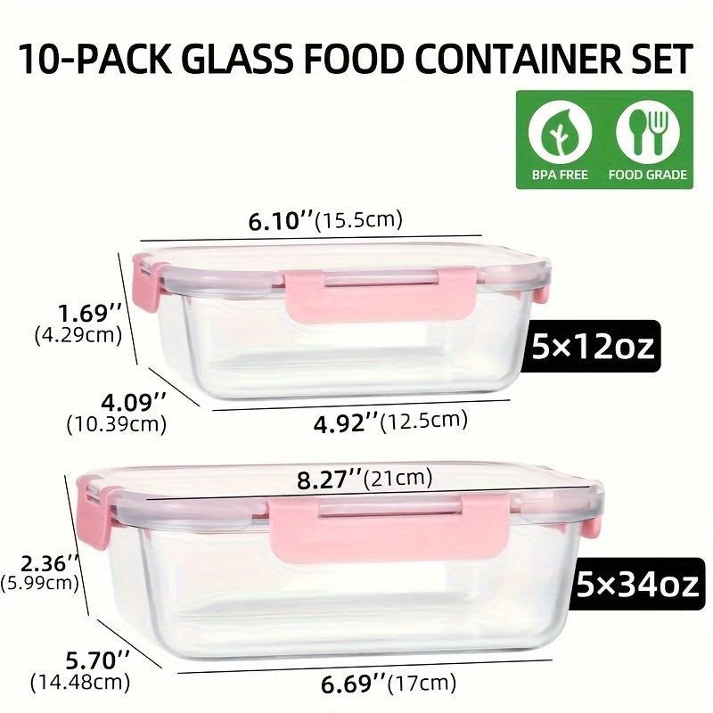 10pcs Leak-Proof Glass Meal Prep Containers - Durable, Reusable Kitchen Organizers - Airtight for Freshness - Ideal for Camping, Picnics, School, Office & Home
