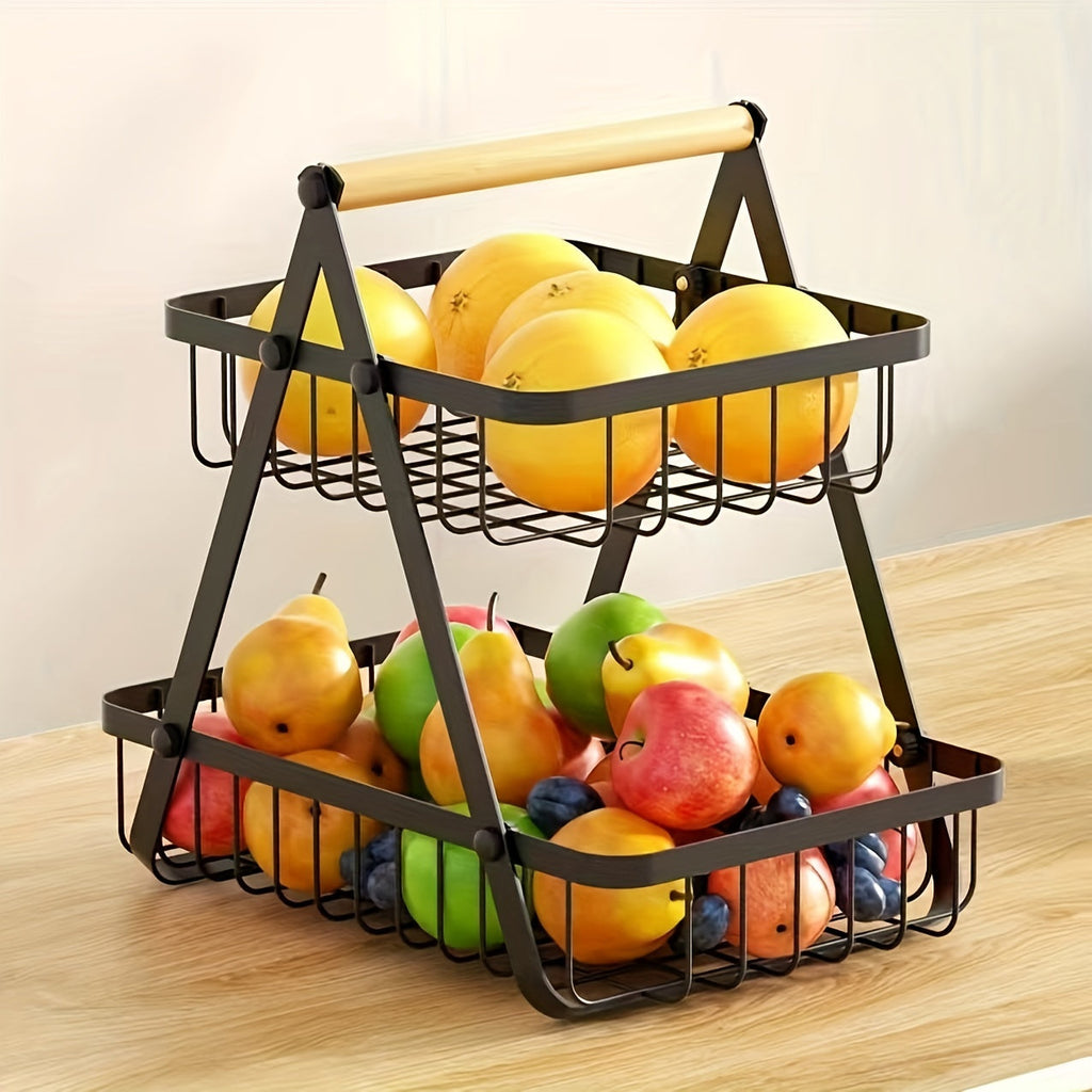 [2/3 Tier Metal Basket] 2/3 Tier High-Capacity Metal Fruit Basket | Portable Countertop Organizer for Fruits, Vegetables, Bread & Snacks | Detachable Rectangle Design for Kitchen Storage