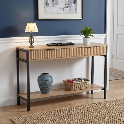 Miami 2 Drawer Console Table – Oak Effect & Black Hallway Console Table with Storage