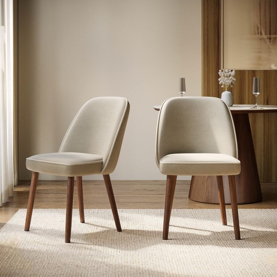 Beige Upholstered Dining Chairs Set – Soft Chenille Fabric – Curved Back Support – Solid Wood Legs – Modern Dining Room Chairs
