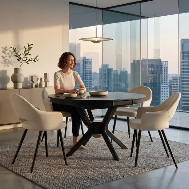 Black Extendable Dining Set with 4–6 Beige Chairs