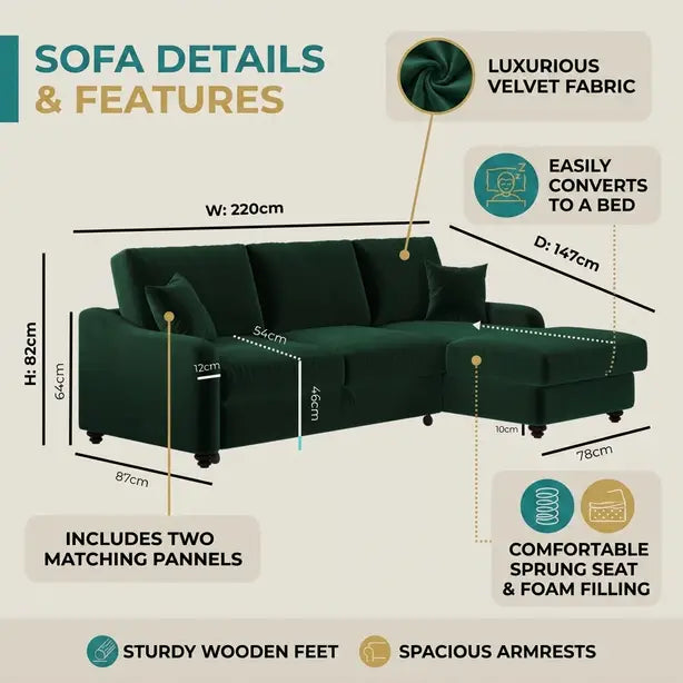 4 Seater Green Velvet Corner Sofa Bed with Storage