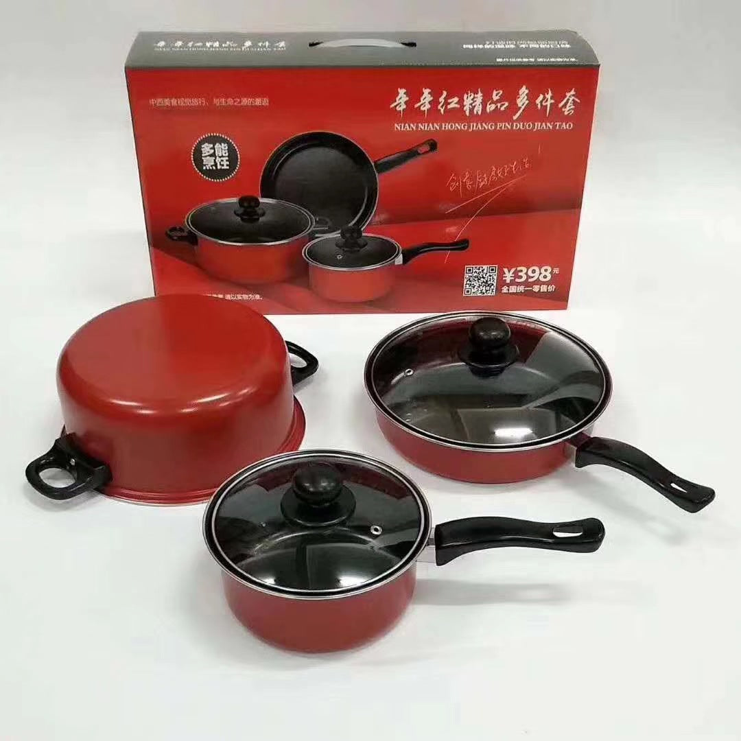 Red 3-Piece Non-Stick Cookware Set ? Milk Pot, Soup Pot & Frying Pan with Custom Logo Option