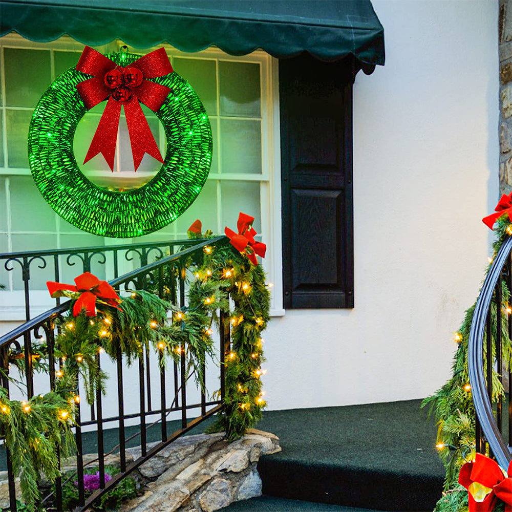 🎄 50cm LED Christmas Garland – Luminous Wreath with Big Bow for Door Décor