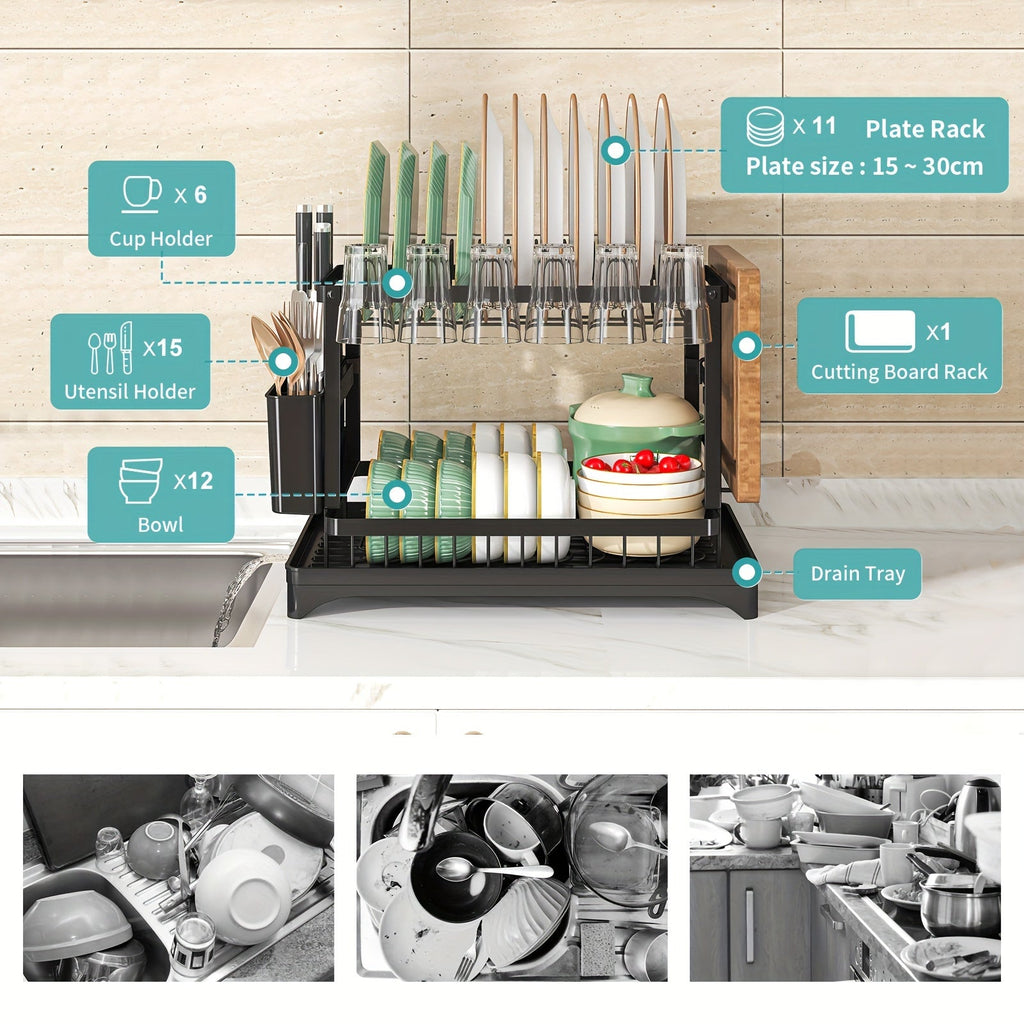 1pc Dish Rack, Double Layers Space-saving Dish Drying Rack With Drainboard And Utensil Holders, Multifunctional Large Capacity Dish Storage Organizer, For Kitchen Counter, Kitchen Organizers And Storage, Kitchen Accessories