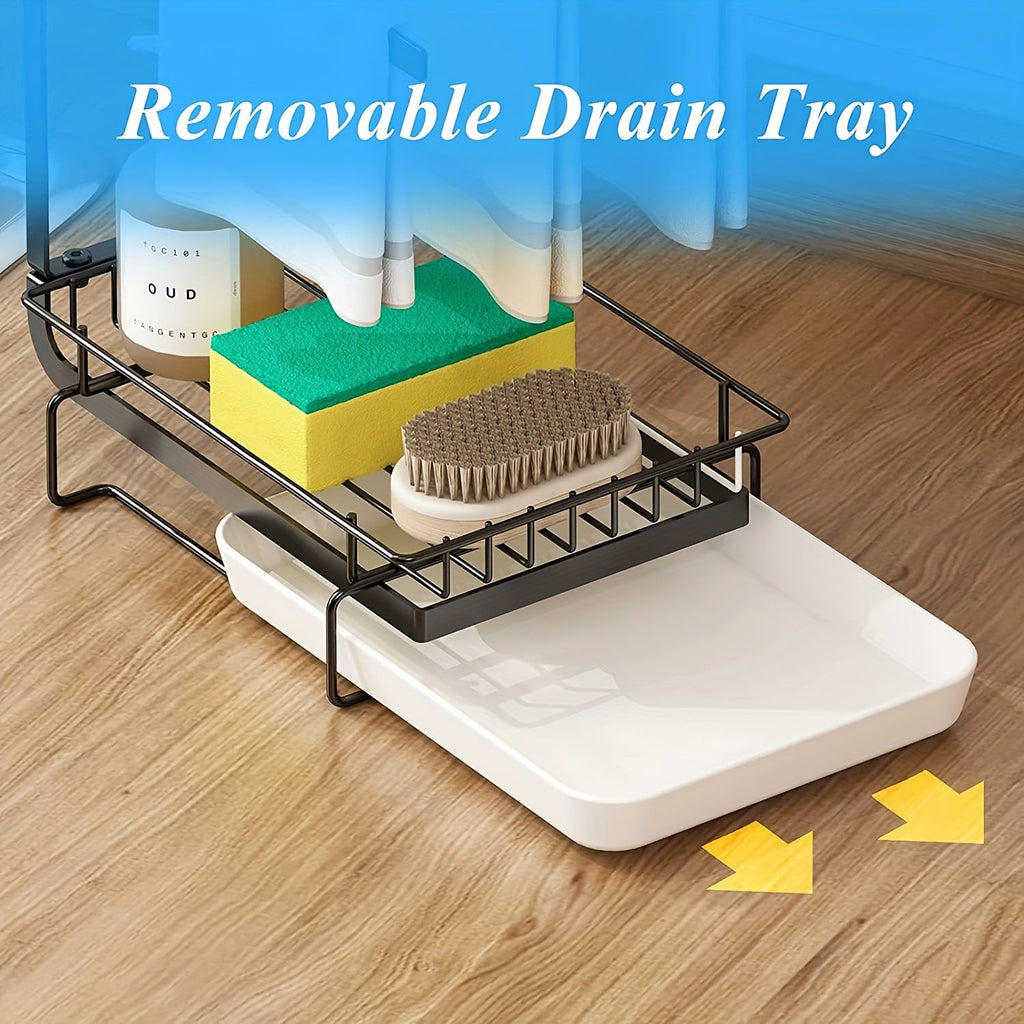 1 sink rack kitchen sponge rack, kitchen sink countertop rag holder tray, soap dispenser brush drain rack storage rack with removable drain tray