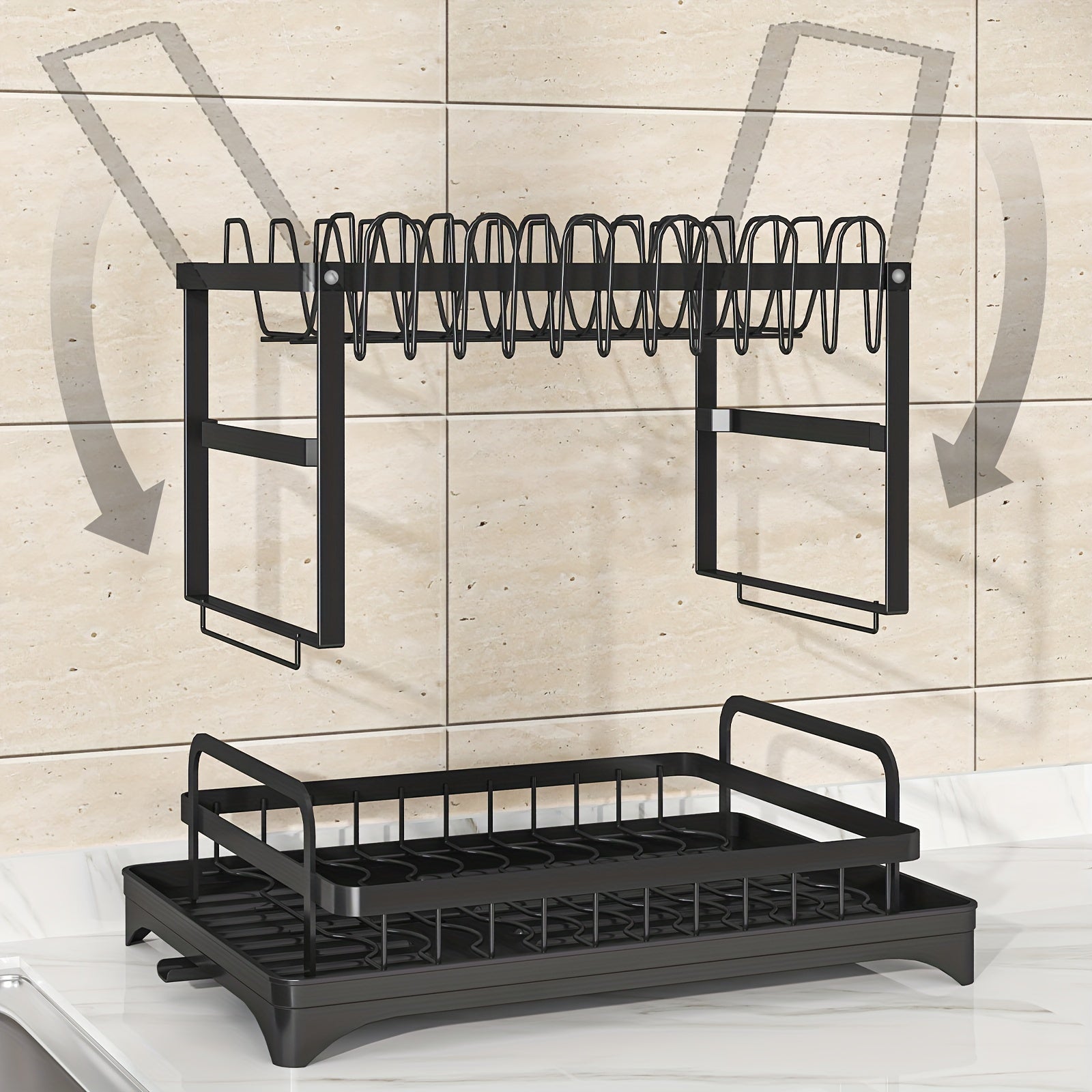 1pc Dish Rack, Double Layers Space-saving Dish Drying Rack With Drainboard And Utensil Holders, Multifunctional Large Capacity Dish Storage Organizer, For Kitchen Counter, Kitchen Organizers And Storage, Kitchen Accessories