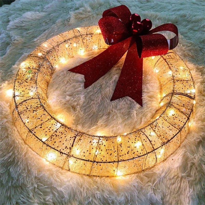 🎄 50cm LED Christmas Garland – Luminous Wreath with Big Bow for Door Décor