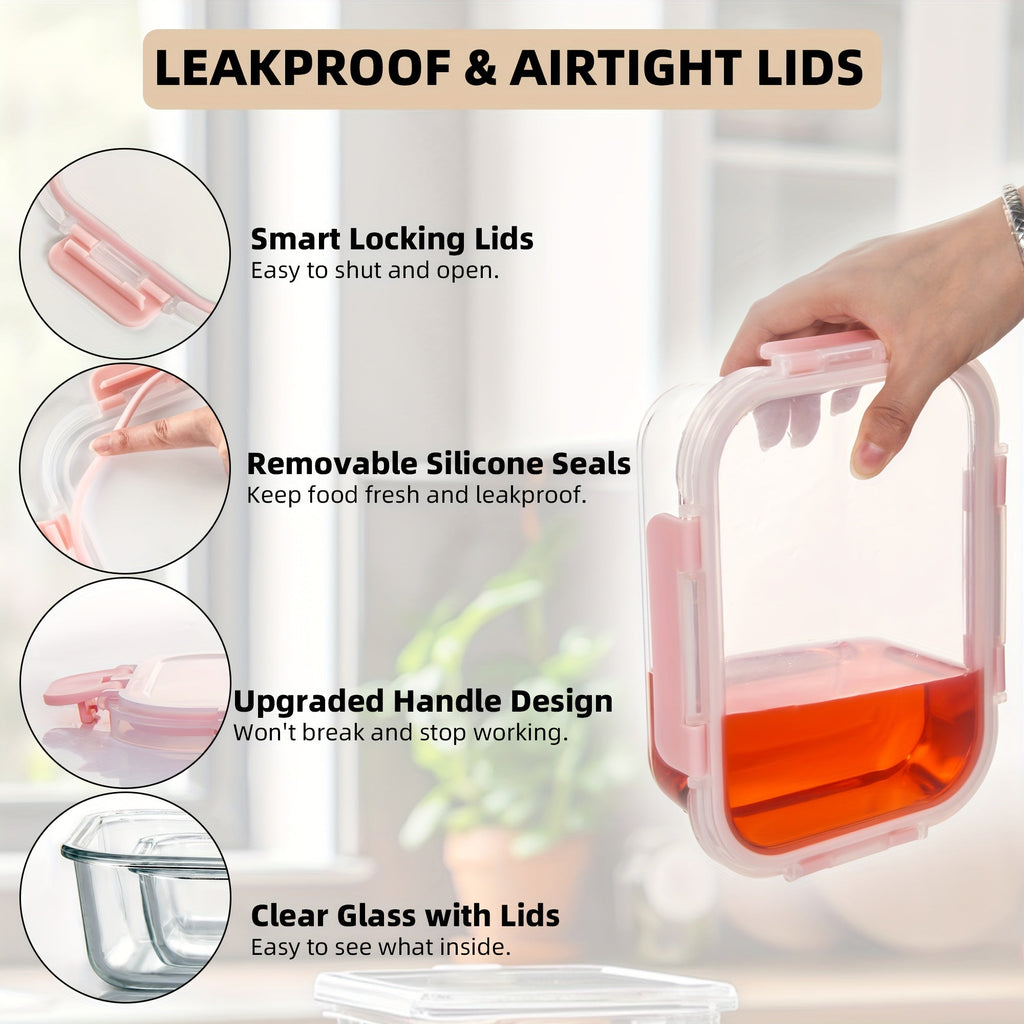 10pcs Leak-Proof Glass Meal Prep Containers - Durable, Reusable Kitchen Organizers - Airtight for Freshness - Ideal for Camping, Picnics, School, Office & Home
