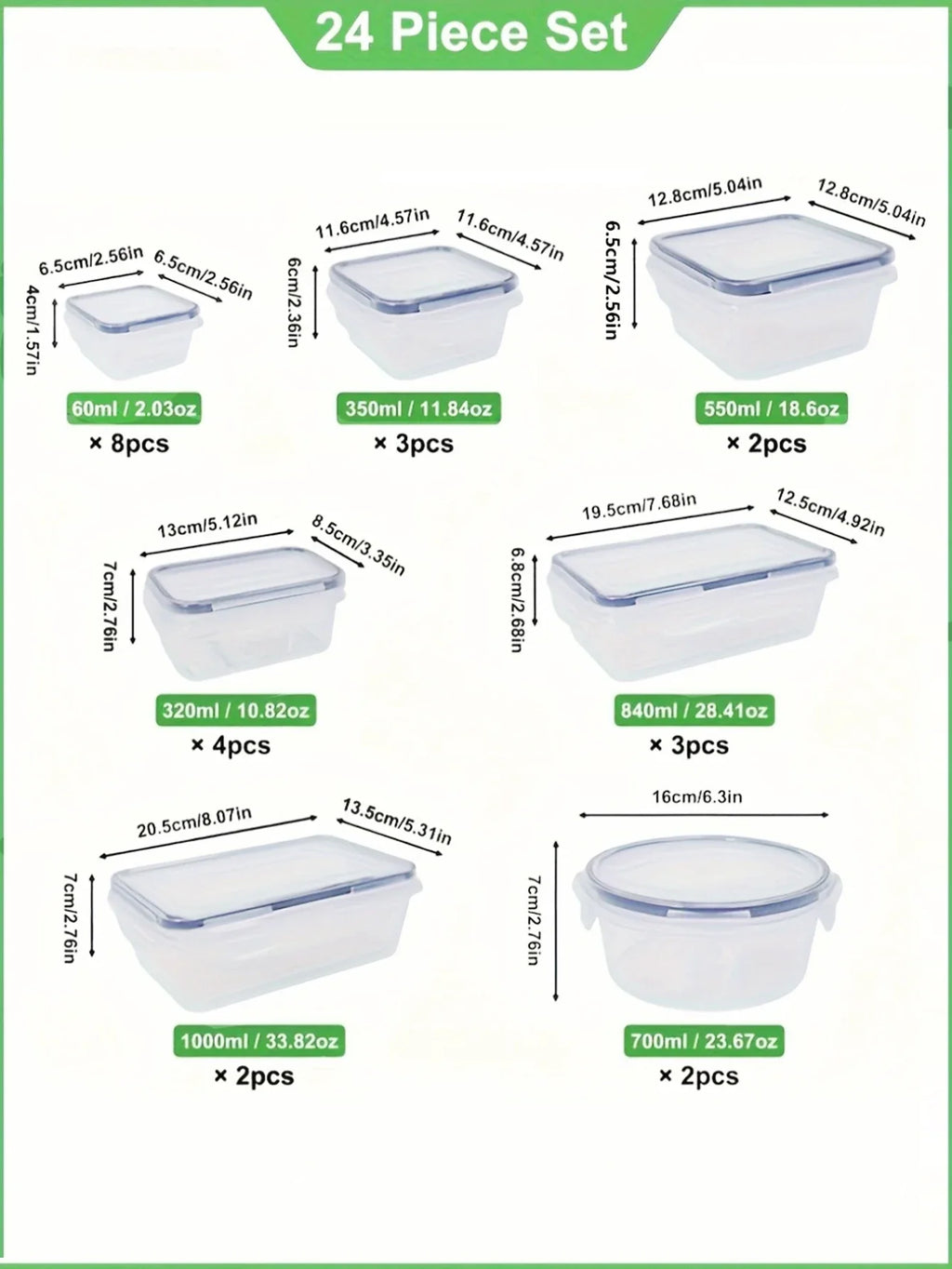 24pcs Refrigerator Sealed Jar, Microwaveable, Transparent Food Storage Container, Kitchen Organizer Box, Lunch Box