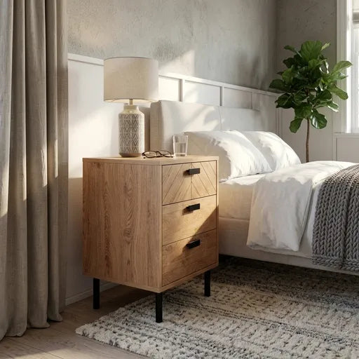 Leon 3 Drawer Bedside Table – Medium Oak Effect Wooden Nightstand with Storage
