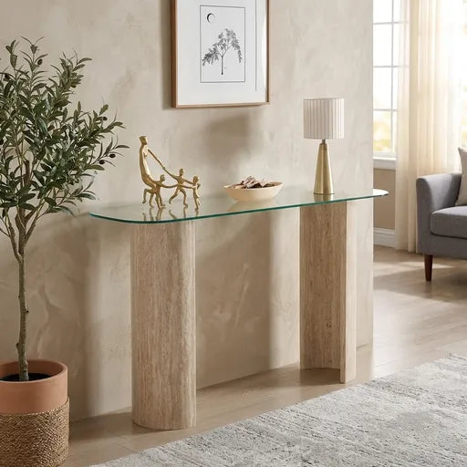 Modena Console Table – Clear Glass & Cream Marble