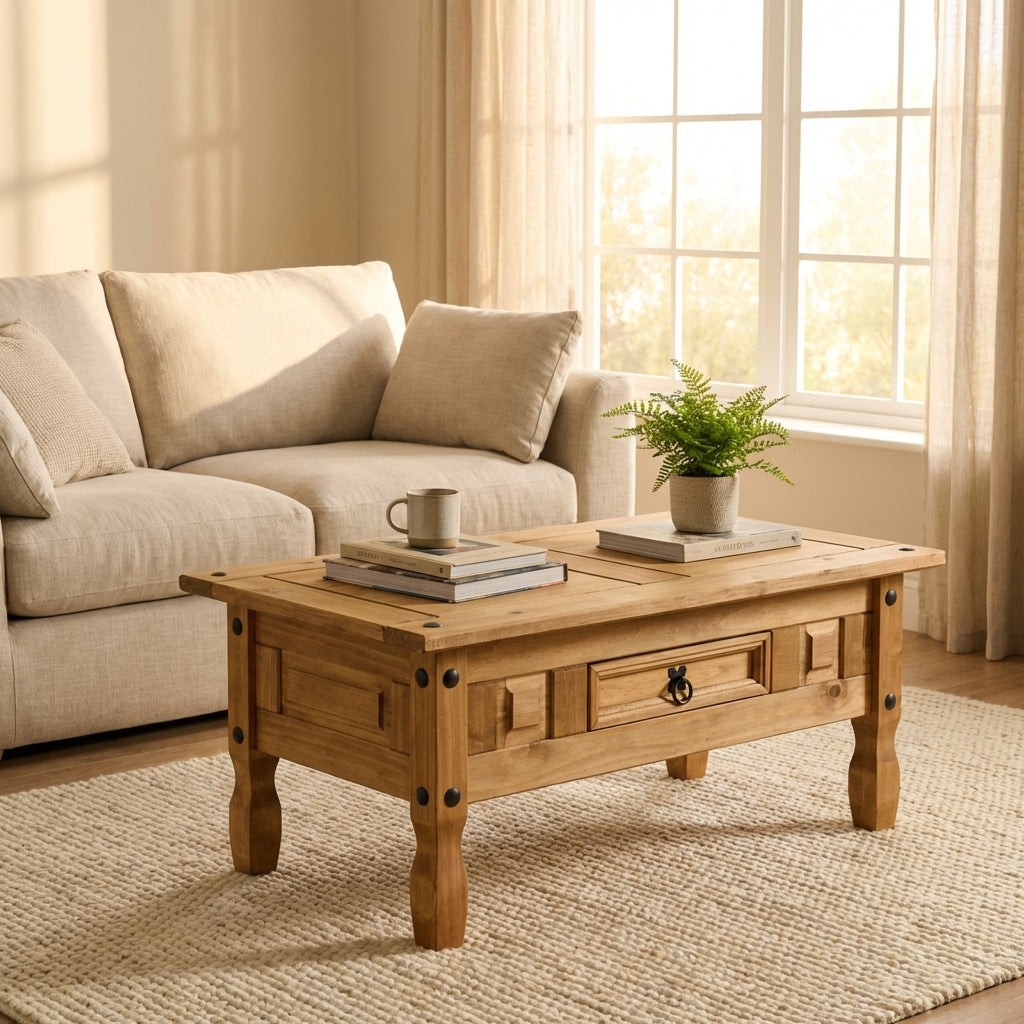 Corona 1 Drawer Coffee Table – Distressed Waxed Pine