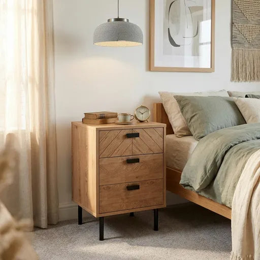 Leon 3 Drawer Bedside Table – Medium Oak Effect Wooden Nightstand with Storage