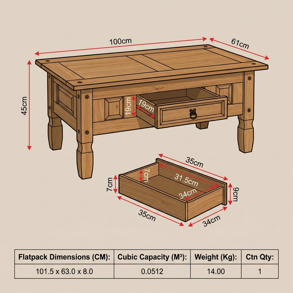 Corona 1 Drawer Coffee Table – Distressed Waxed Pine