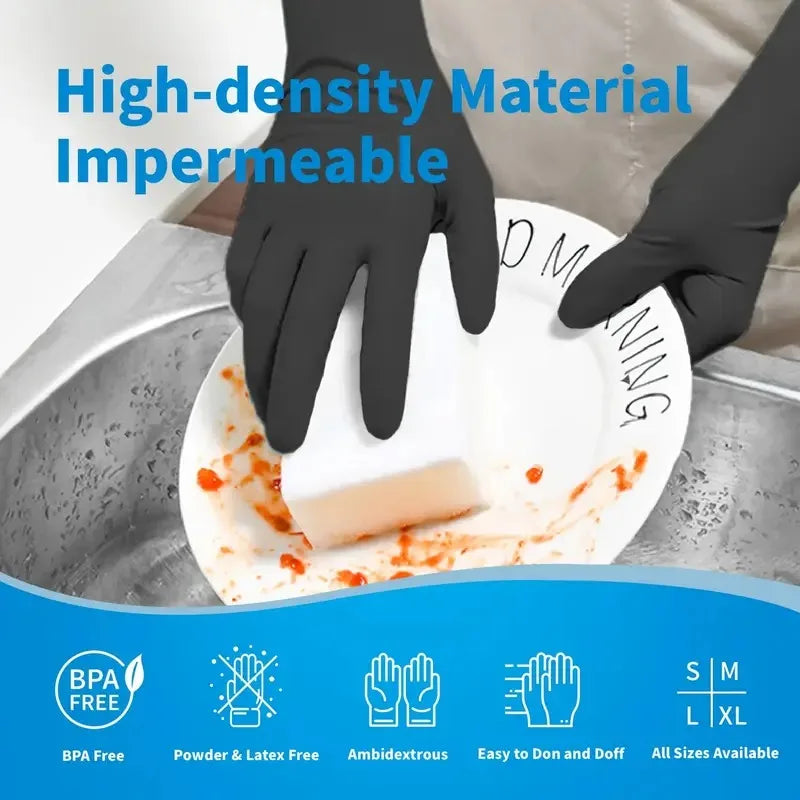 100PCS Black Nitrile Disposable Gloves – Tear-Resistant, Food-Safe, Durable Gloves for Cooking, Food Handling & Dough Kneading