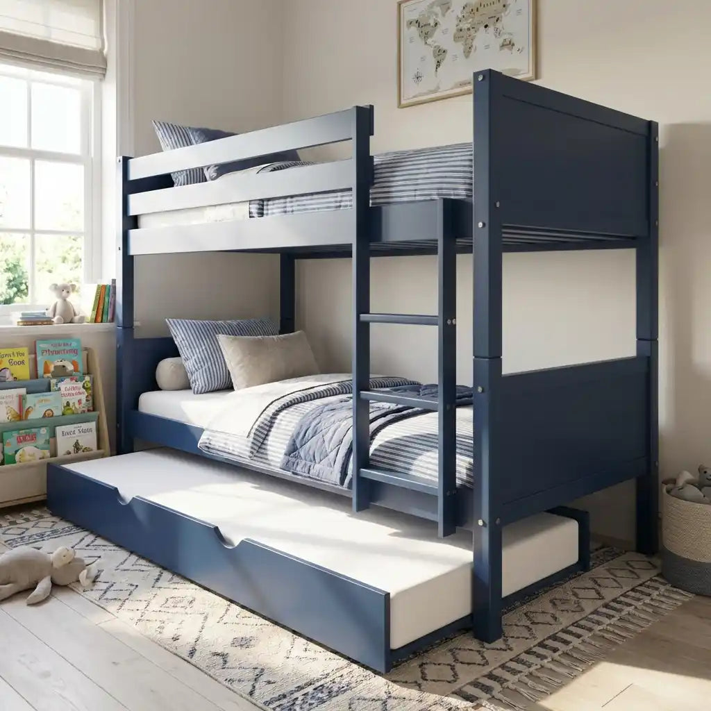 Navy Wooden Bunk Bed with Trundle & Grey Panels – Luca (Detachable Design)