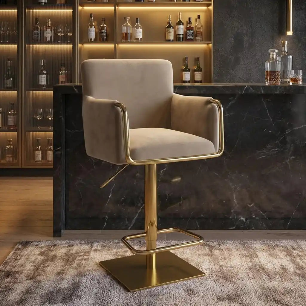 Olive Green Velvet Swivel Bar Stool – Adjustable Breakfast Bar Chair with Gold Base