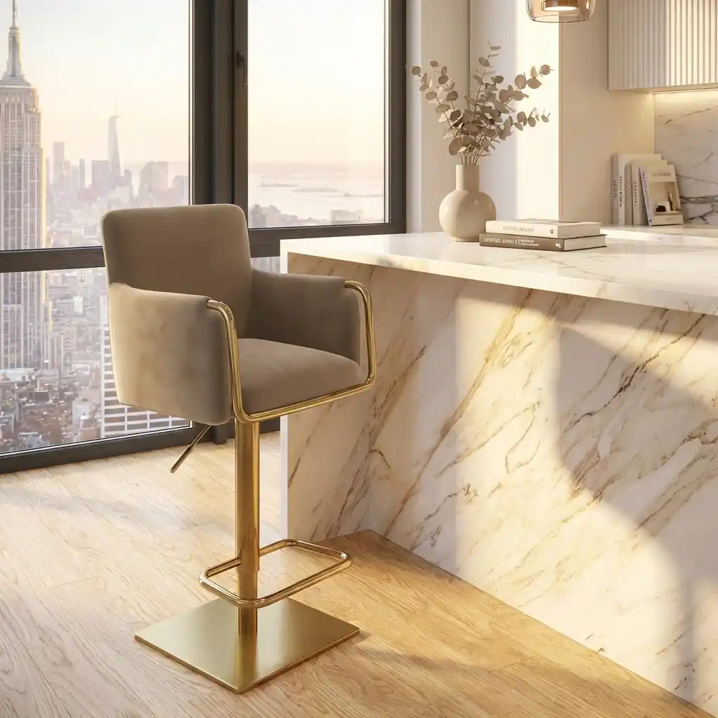 Olive Green Velvet Swivel Bar Stool – Adjustable Breakfast Bar Chair with Gold Base
