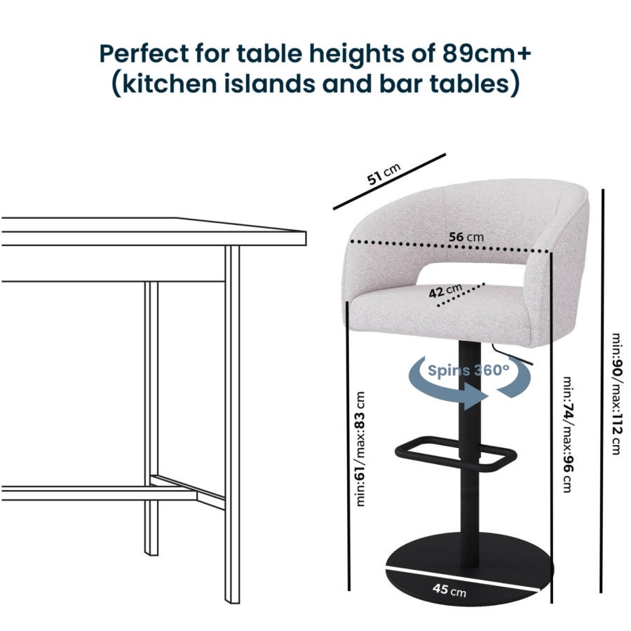 Curved Boucle Bar Stool in Beige – Runa Adjustable Swivel Breakfast Stool for Kitchen Islands