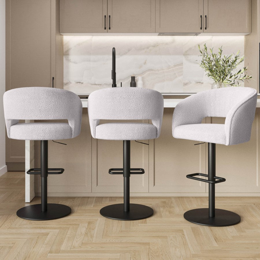 Curved Boucle Bar Stool in Beige – Runa Adjustable Swivel Breakfast Stool for Kitchen Islands
