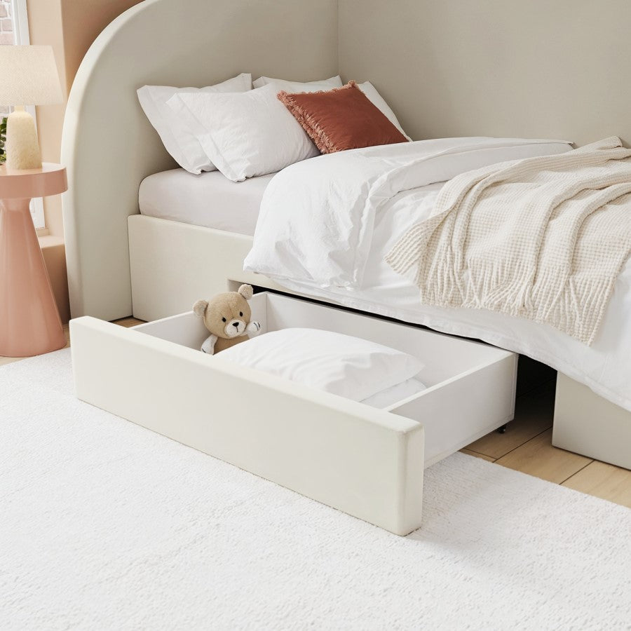 Cream Single Bed Frame with Storage Drawers & Curved Upholstered Headboard – Reagan