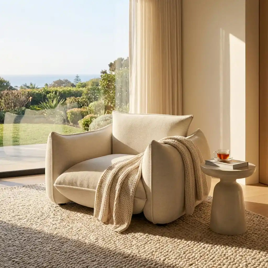 Beige Chenille Cloud Armchair – Soft, Comfortable Fabric Chair