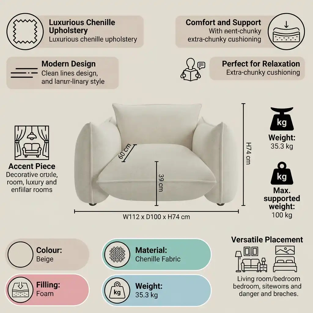 Beige Chenille Cloud Armchair – Soft, Comfortable Fabric Chair