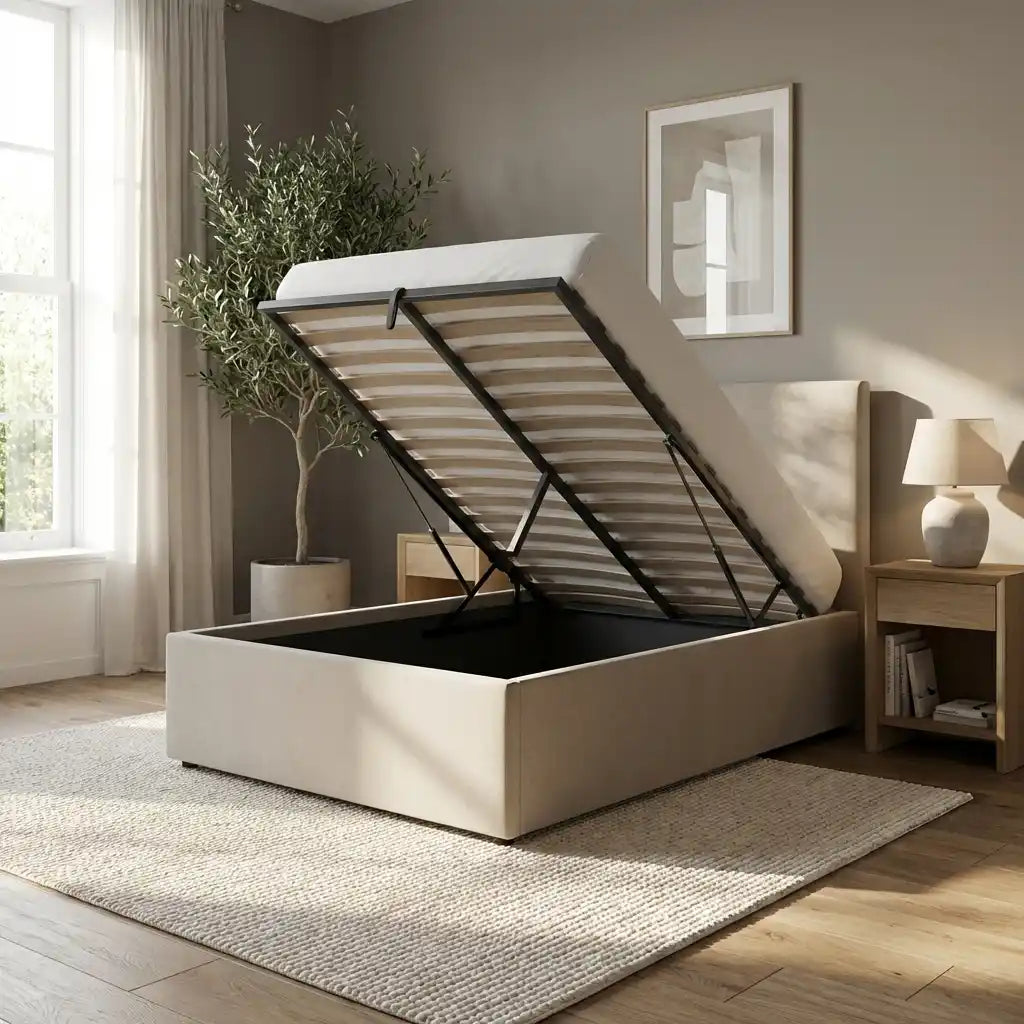 Grey Chenille Double Ottoman Storage Bed with Winged Headboard – Loxley