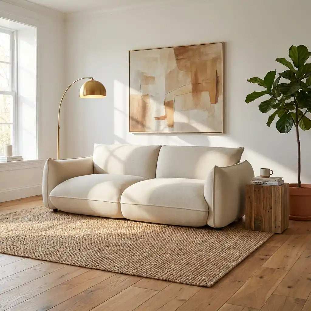 Beige Chenille 3 Seater Sofa – Soft Cloud Comfort Fabric Design