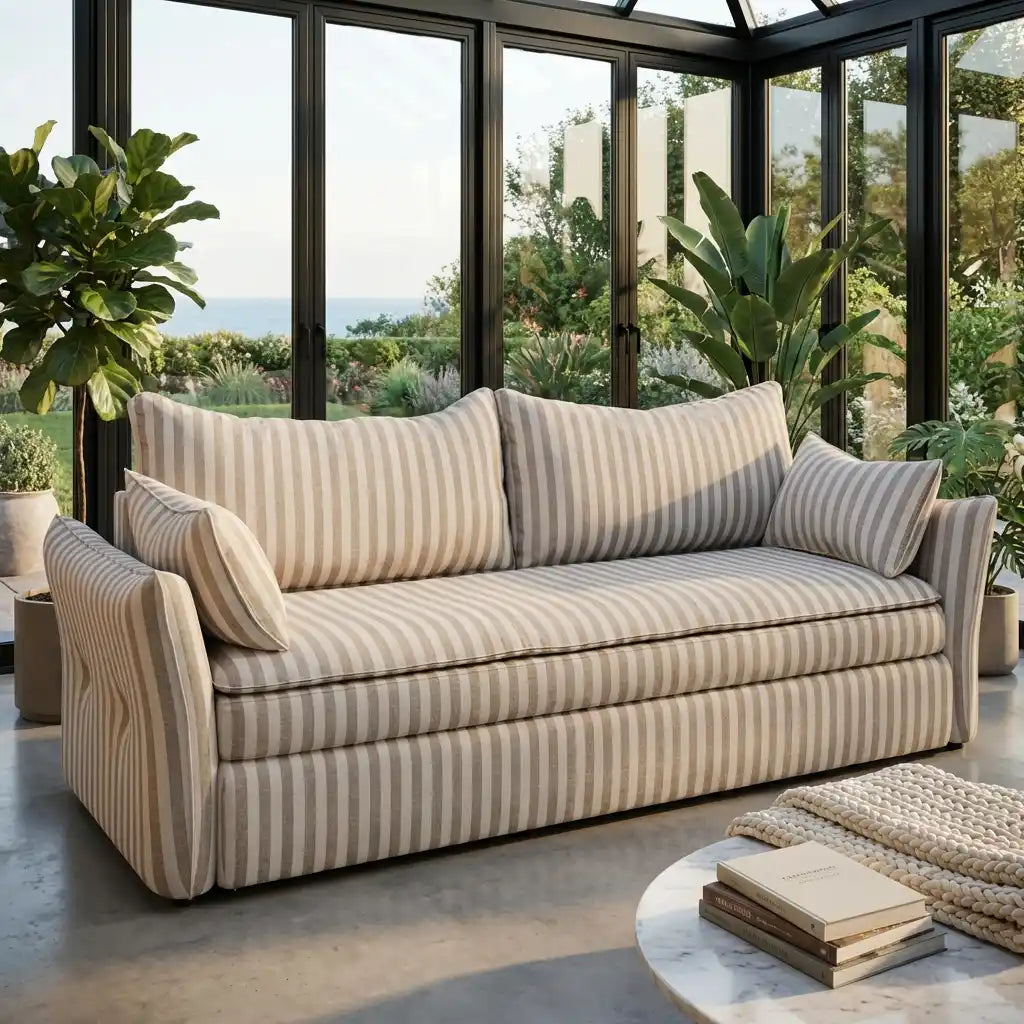 3 Seater Sofa Bed in Beige Striped Chenille with Storage