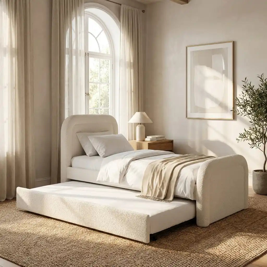 Single Guest Bed with Trundle – Upholstered Day Bed with Curved Headboard, Space Saving Pull Out Bed (CREAM)