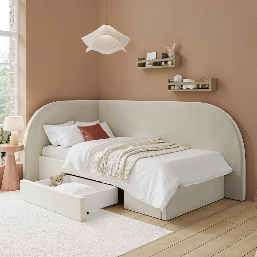 Cream Single Bed Frame with Storage Drawers & Curved Upholstered Headboard – Reagan
