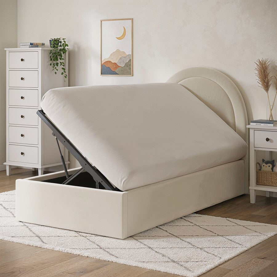 Velvet Single Side Lift Ottoman Bed with Curved Headboard Space-Saving Storage Bed UK